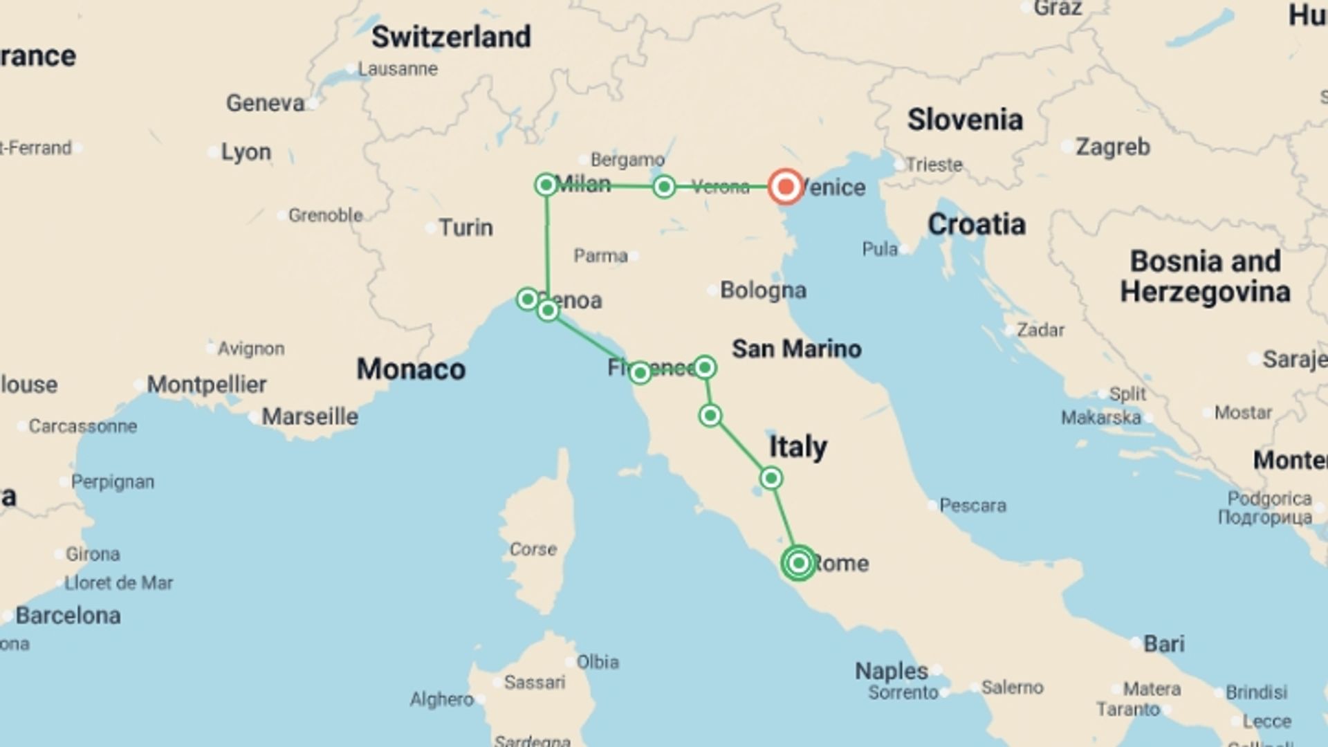 A map showing the tour itinerary for the trip: Solo Lite Iconic Italy, starting in Rome, Italy and ending in Venice, Italy going through 7 other destinations.
