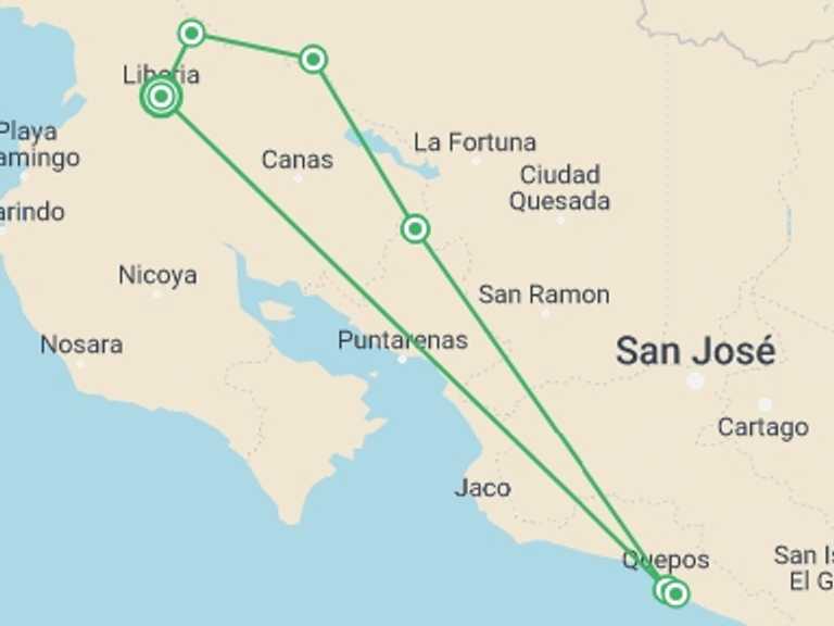 Map of a Self-drive or vehicle rental Tour with 6 destination visits for the trip: Exotic Costa Rica, Self-drive