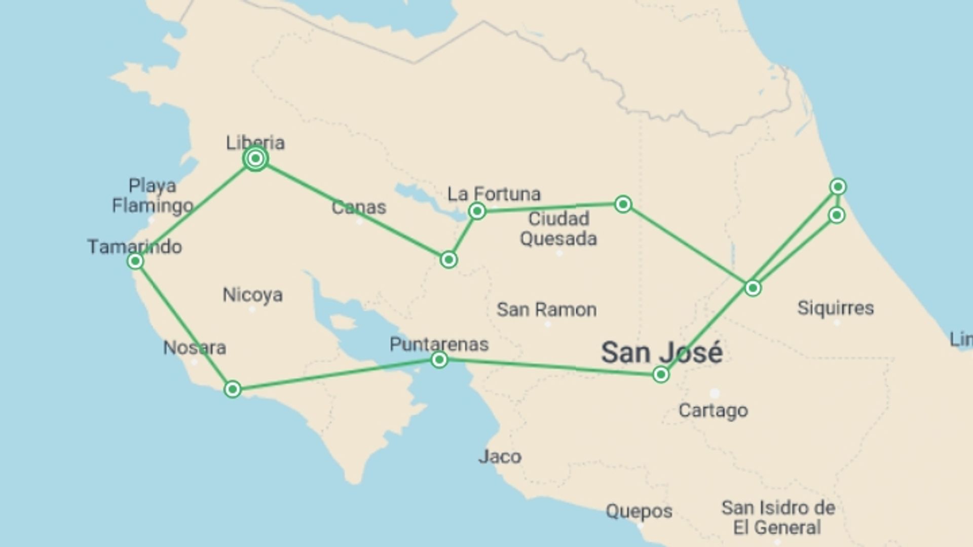A map showing the tour itinerary for the trip: Beaches And Nature With Santa Teresa, starting in Liberia City, Costa Rica and ending in Liberia City, Costa Rica going through 9 other destinations.