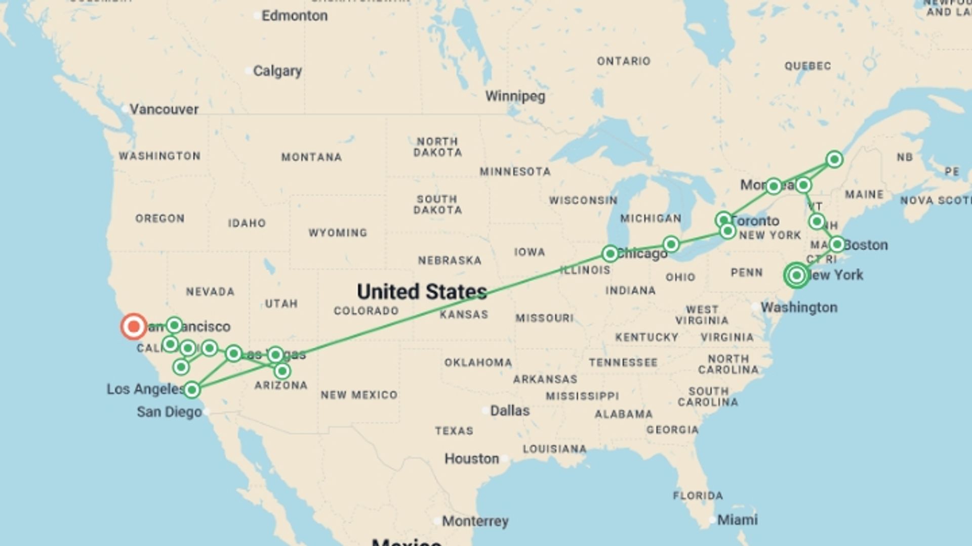 A map showing the tour itinerary for the trip: Essential East Coast and Unmissable West, starting in New York, USA and ending in San Francisco, USA going through 13 other destinations.