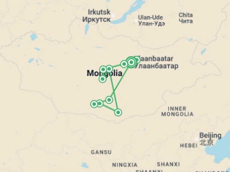 Map of Asia Tour with 12 destination visits for the trip: Discover Mongolia - Naadam Festival