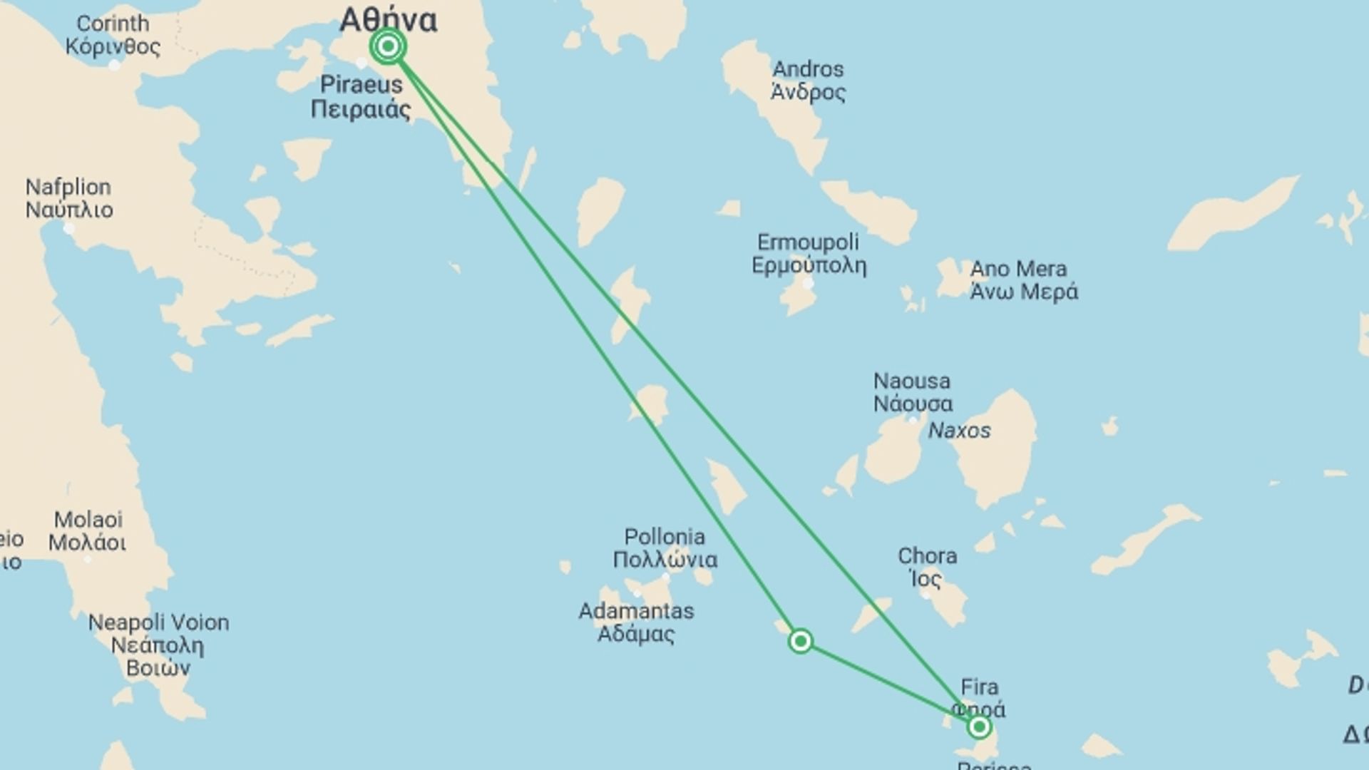 A map showing the tour itinerary for the trip: Idyllic Greece: Athens, Folegandros & Santorini, starting in Athens, Greece and ending in Athens, Greece going through 2 other destinations.