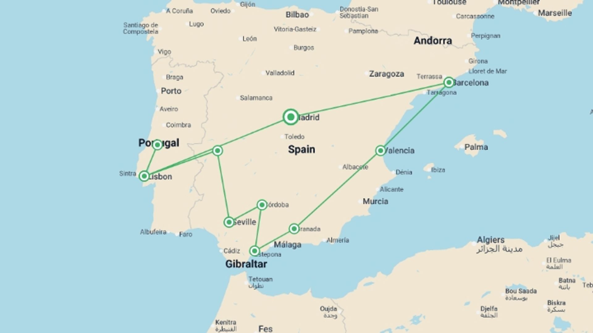 A map showing the tour itinerary for the trip: Best of Portugal, Andalucia & Barcelona - 12 days, starting in Madrid, Spain and ending in Madrid, Spain going through 7 other destinations.