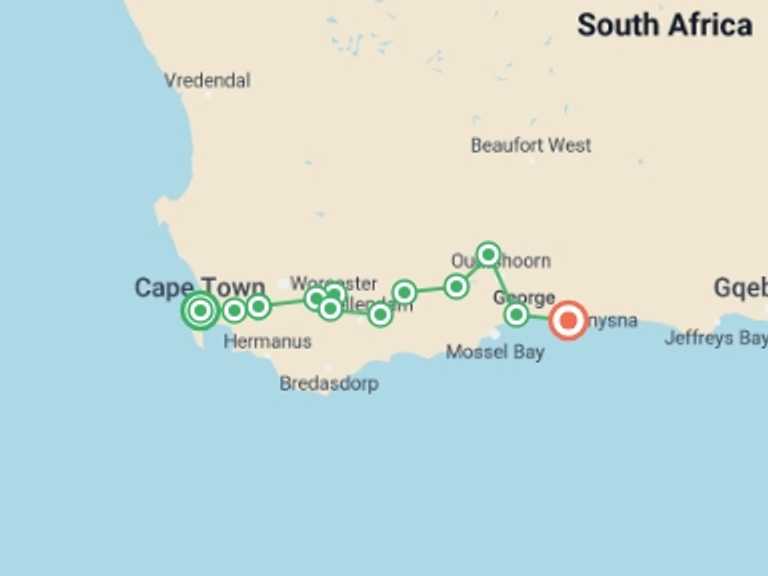 Map of 14-Day Cape Town Tour with 12 destination visits for the trip: Cycling South Africa's Garden Route