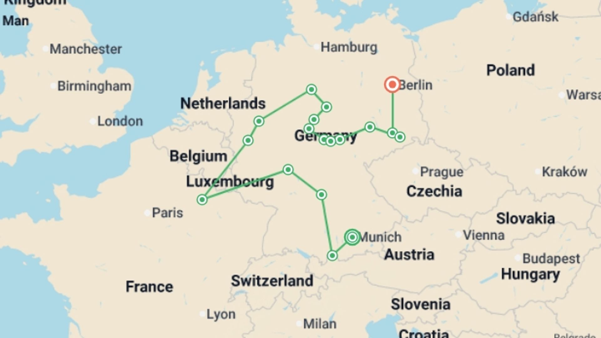 A map showing the tour itinerary for the trip: From Bavaria to Berlin, starting in Munich, Germany and ending in Berlin, Germany going through 5 other destinations.