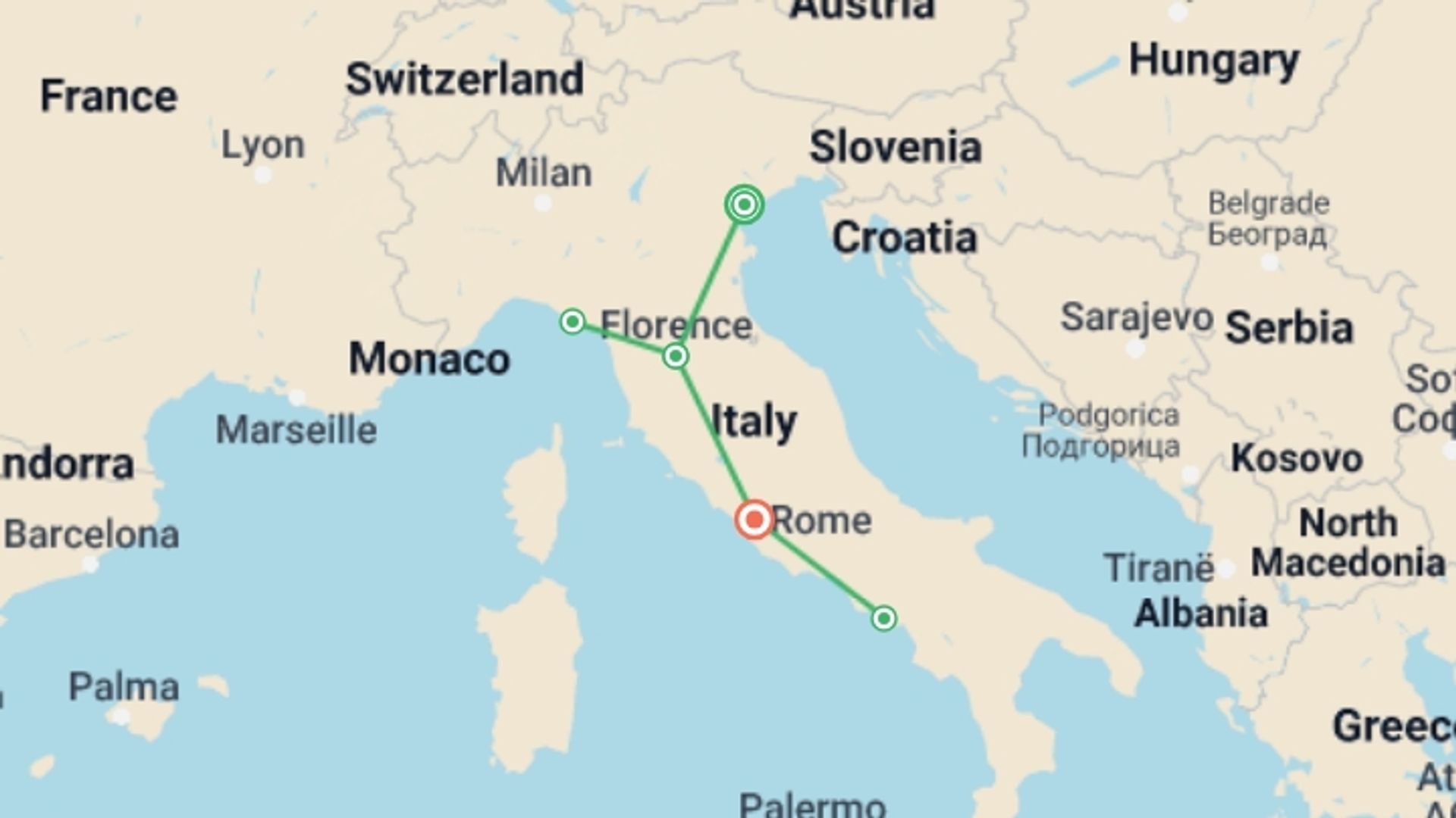 A map showing the tour itinerary for the trip: Italian Express: The Best Of Italy, starting in Venice, Italy and ending in Rome, Italy going through 2 other destinations.