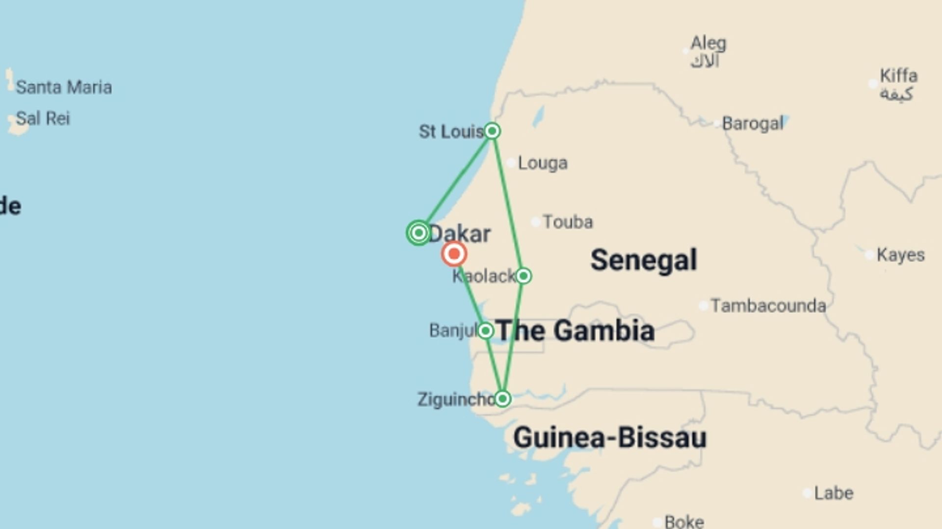 A map showing the tour itinerary for the trip: Senegal & The Gambia Adventure, starting in Dakar, Senegal and ending in Saly, Senegal going through 4 other destinations.