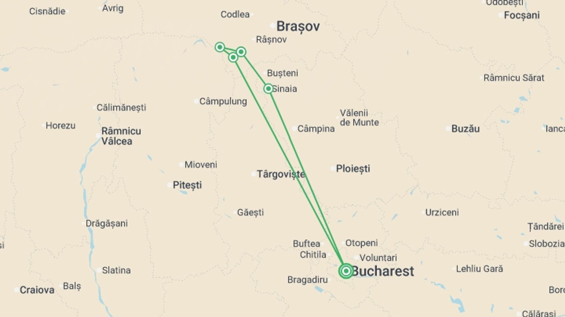 A map showing the tour itinerary for the trip: Walking Romania - Transylvanian Alps Trek, starting in Bucharest, Romania and ending in Bucharest, Romania going through 4 other destinations.