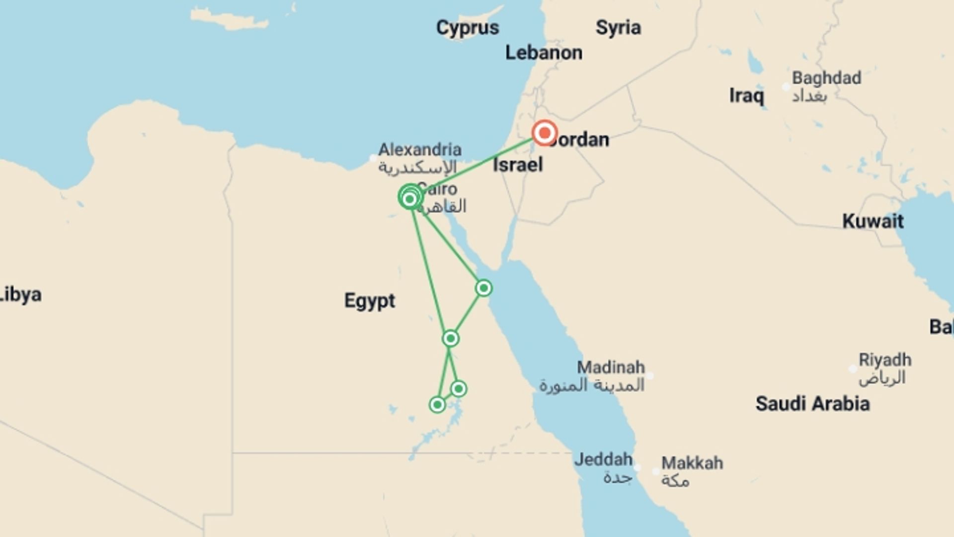 A map showing the tour itinerary for the trip: Egypt & Jordan Adventure with Felucca Cruise, starting in cairo airport, Egypt and ending in Amman, Jordan going through 6 other destinations.