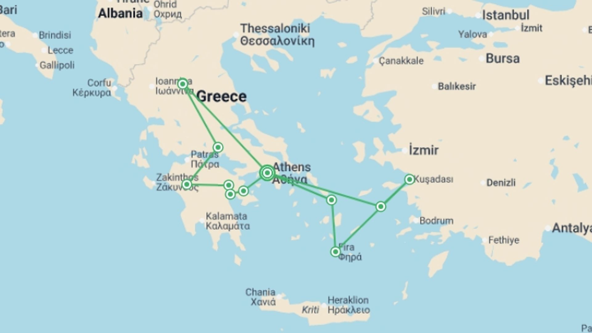 A map showing the tour itinerary for the trip: Athens to Meteora & the Med - 10 days, starting in Athens, Greece and ending in Athens, Greece going through 6 other destinations.