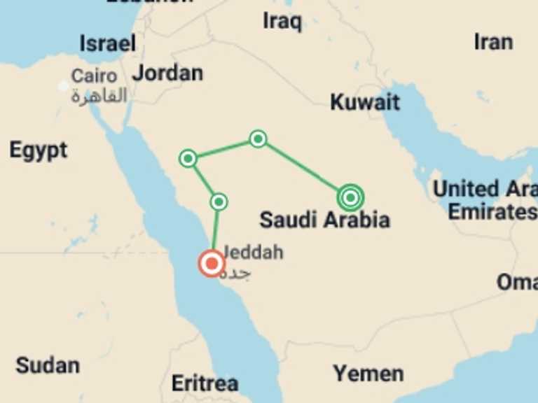 Map of Middle East Tour with 7 destination visits for the trip: Best of Saudi Arabia