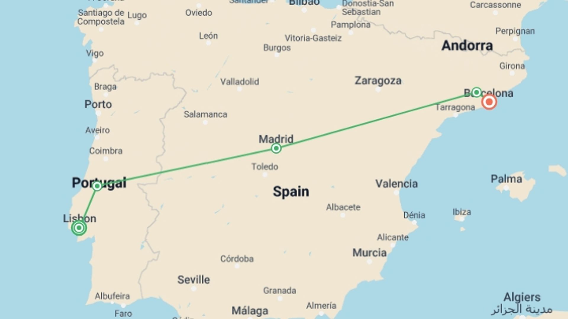 A map showing the tour itinerary for the trip: Wonders of Lisbon, Madrid and Barcelona, starting in Lisbon, Portugal and ending in Barcelona, Spain going through 1 other destinations.