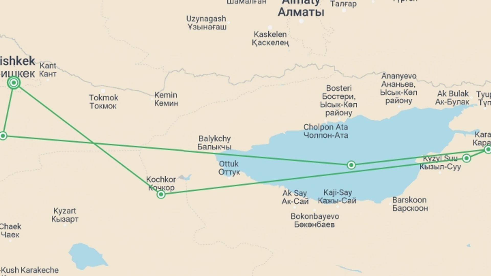 A map showing the tour itinerary for the trip: Nomadic traditions, starting in Bishkek, Kyrgyzstan and ending in Bishkek, Kyrgyzstan going through 4 other destinations.