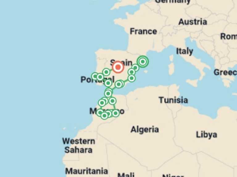 Map of Spain Tour with 12 destination visits for the trip: Spain, Morocco and Portugal