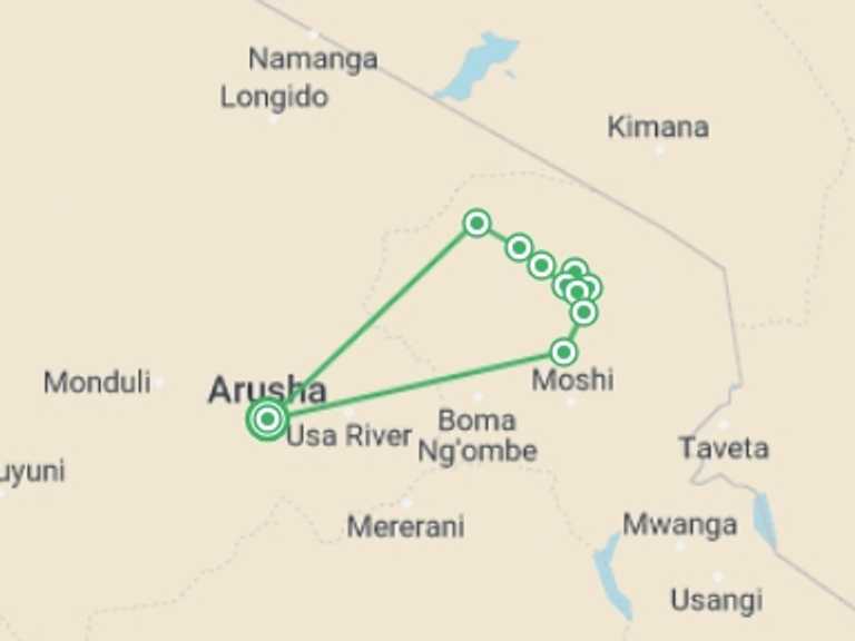 Map itinerary of Africa Tour in Fall with 10 destination visits for the trip: 9-Day Mt Kilimanjaro Climb (Lemosho Route)