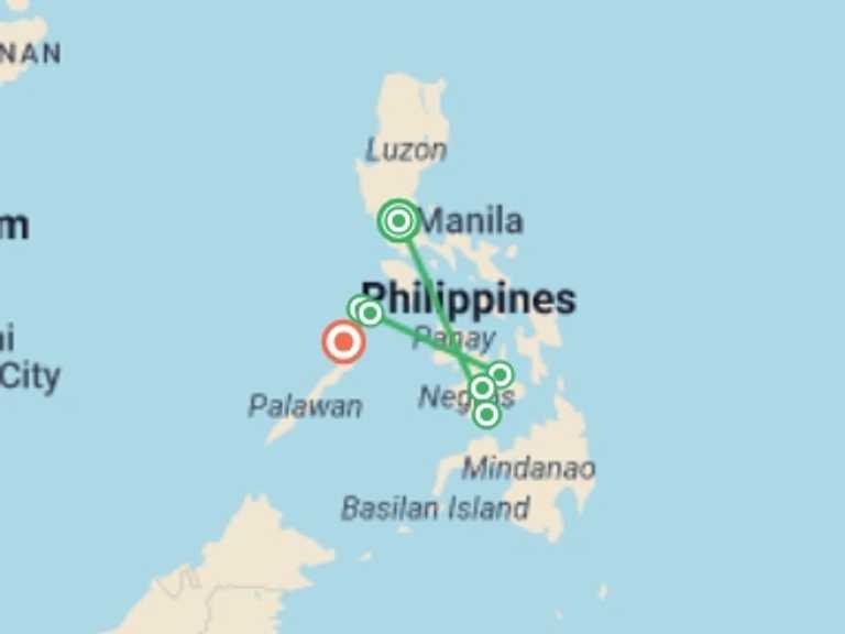 Map of Philippines Tour with 7 destination visits for the trip: Philippines Island Explorer 13 day