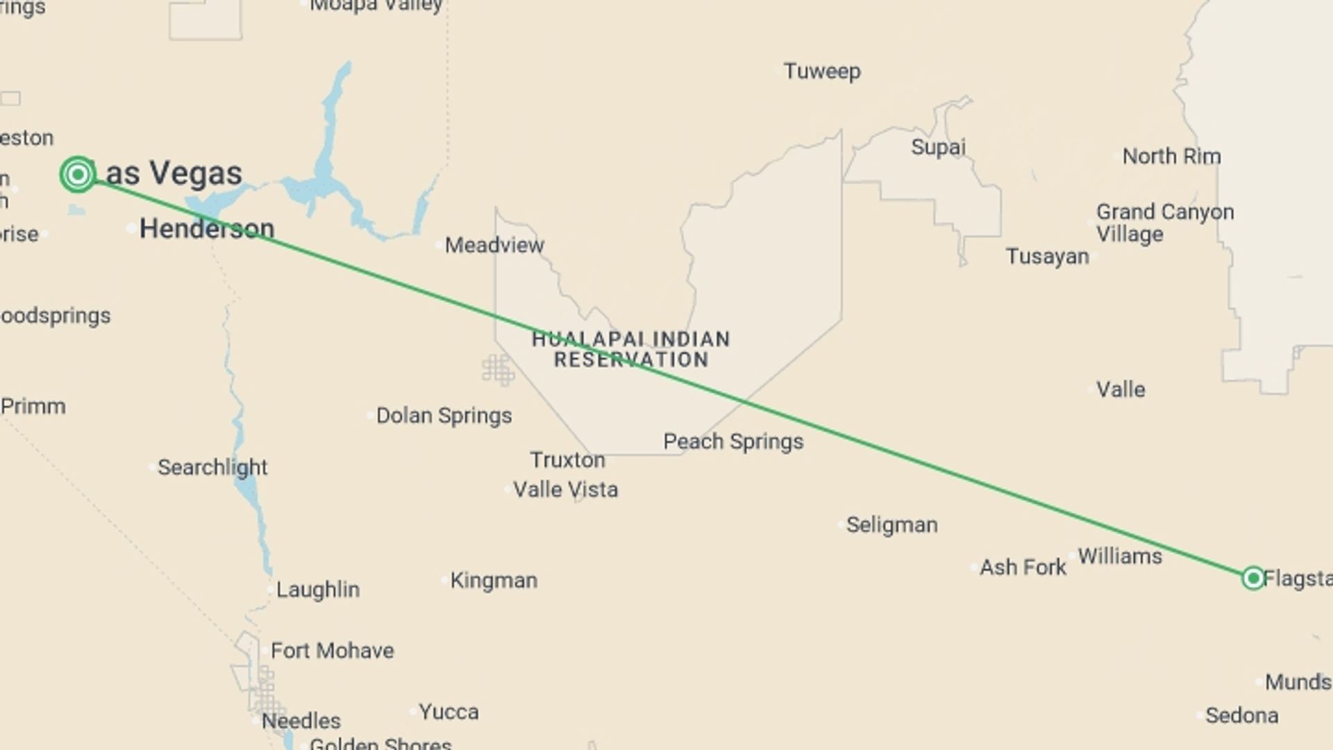 A map showing the tour itinerary for the trip: Grand Canyon Excursion, starting in Las Vegas, USA and ending in Las Vegas, USA going through 1 other destinations.