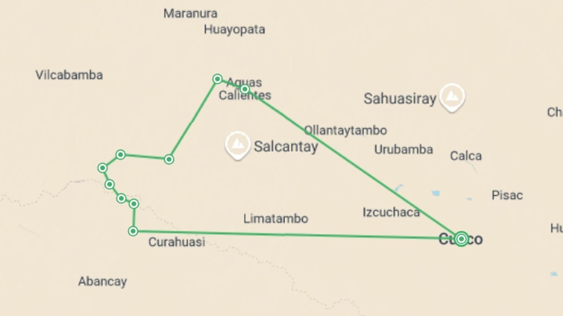 A map showing the tour itinerary for the trip: Choquequirao Trek 8D/7N, starting in Cusco, Peru and ending in Cusco, Peru going through 7 other destinations.