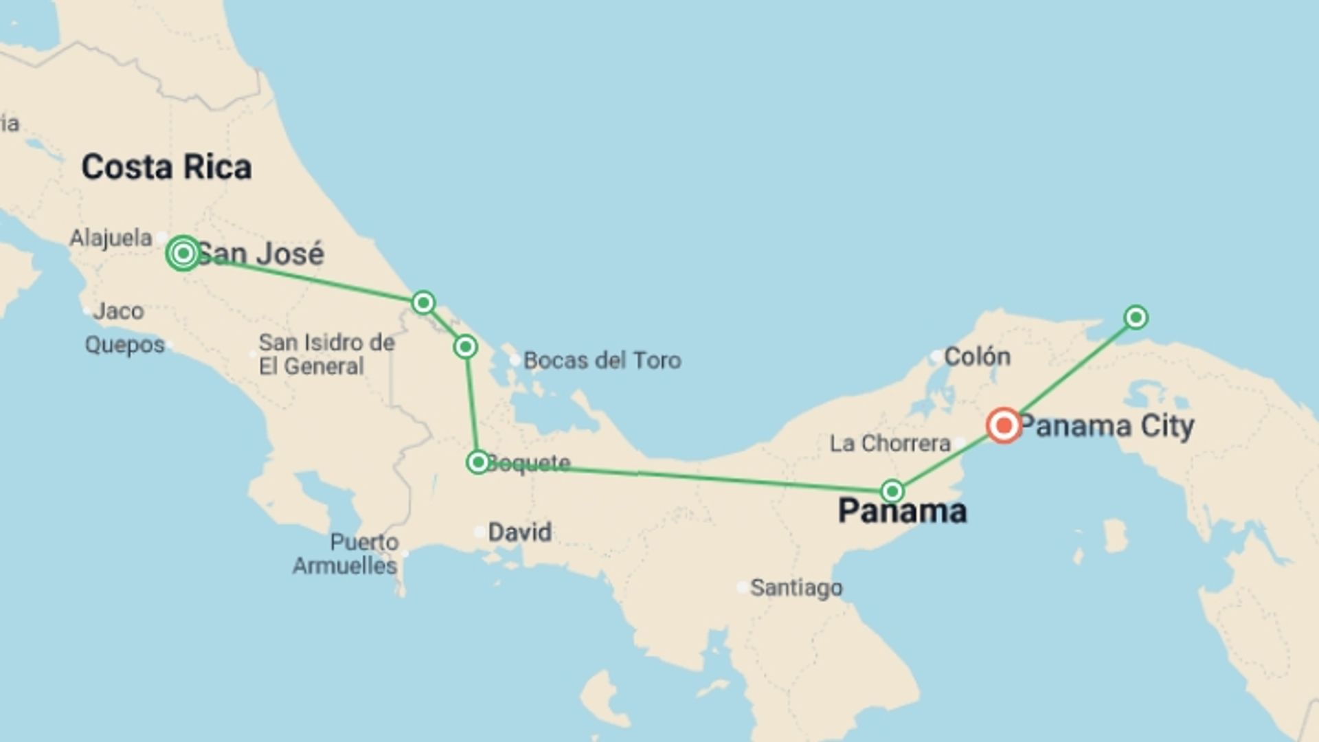 A map showing the tour itinerary for the trip: Panama: Craters, Coasts & Highland Mountains, starting in San Jose, Costa Rica and ending in Panama City, Panama going through 5 other destinations.