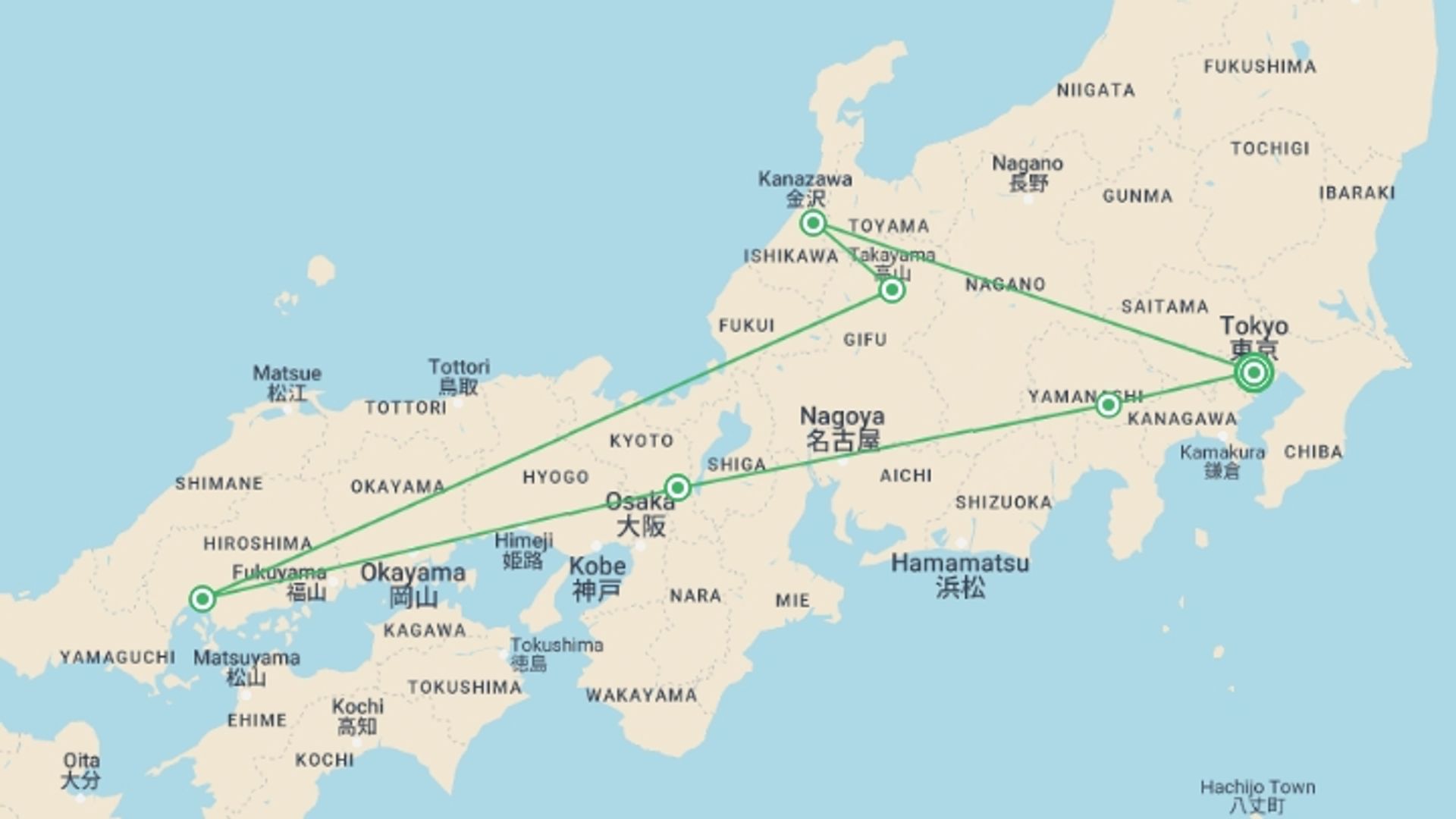 A map showing the tour itinerary for the trip: Discover Japan, starting in Tokyo, Japan and ending in Tokyo, Japan going through 5 other destinations.
