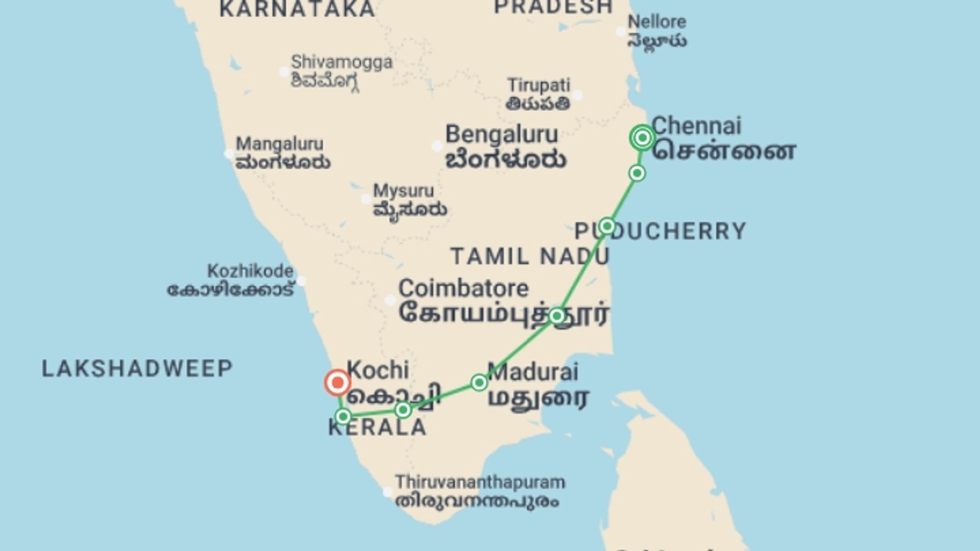 A map showing the tour itinerary for the trip: Highlights of South India - 12 days, starting in Chennai, India and ending in Kochi, India going through 6 other destinations.
