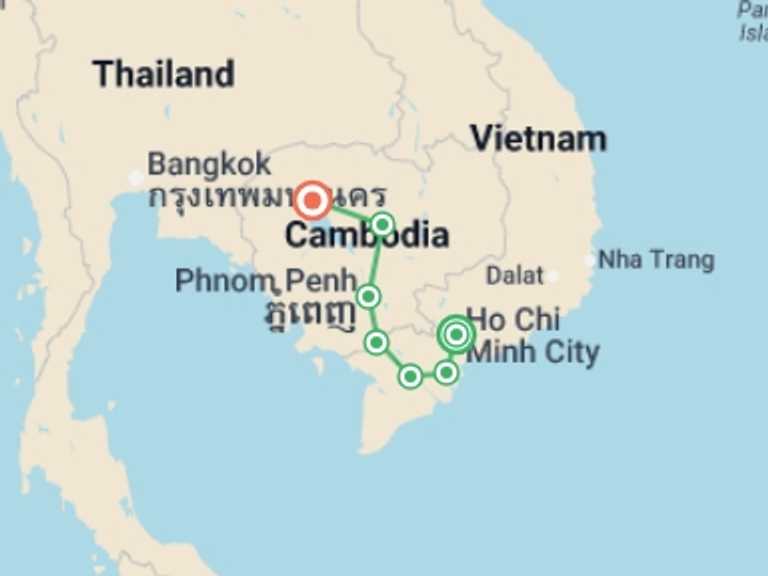 Map of 9-Day Ho Chi Minh City Tour with 7 destination visits for the trip: Biking Saigon to Angkor Wat