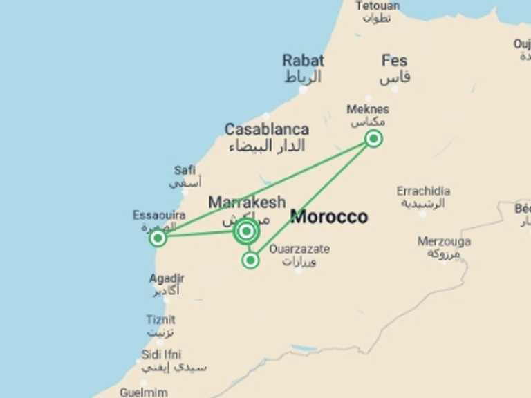 Map itinerary of Marrakech Tour in Summer with 4 destination visits for the trip: Morocco Family Holiday