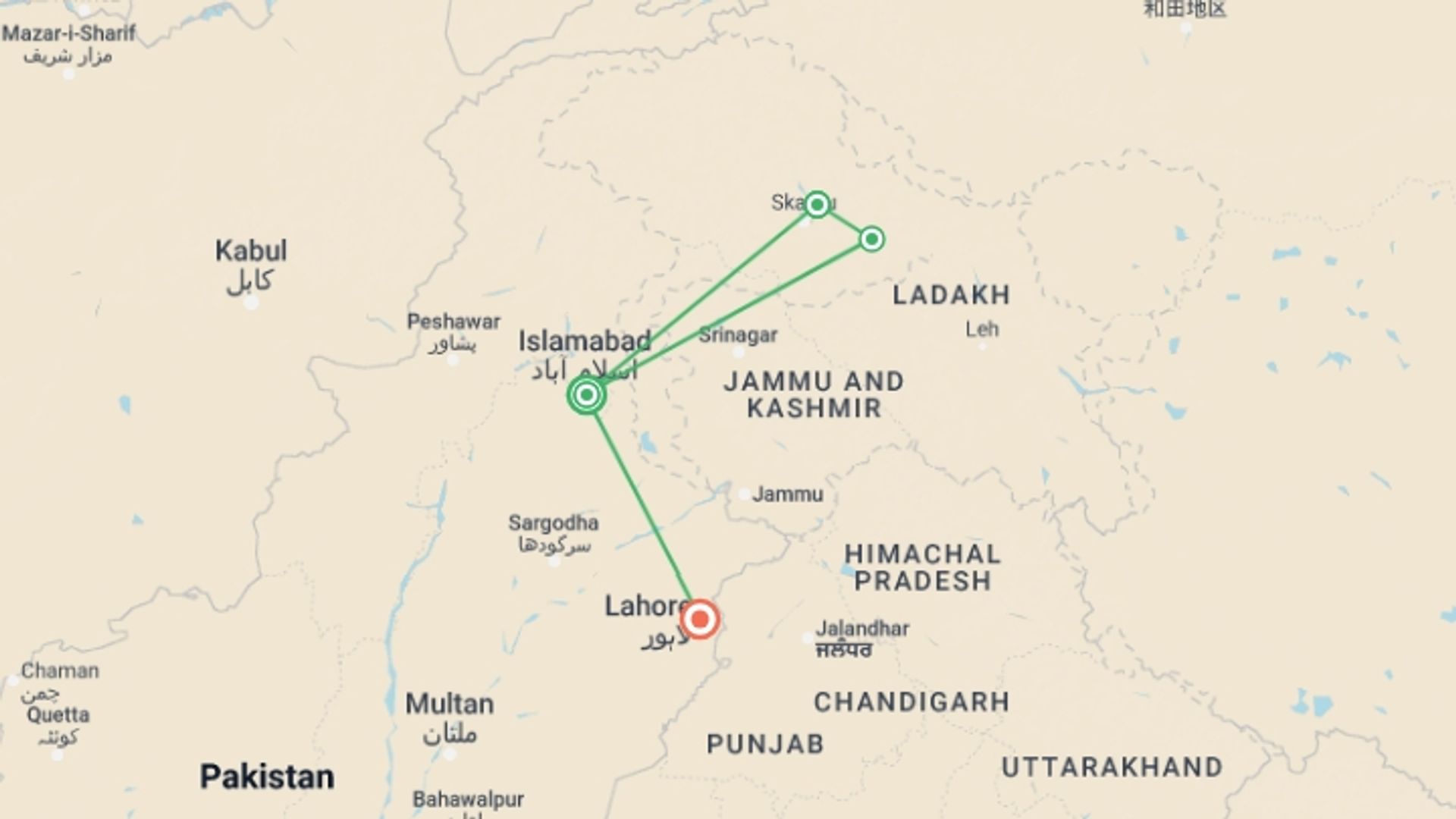 A map showing the tour itinerary for the trip: Pakistan: Lahore & Hiking the Karakoram Mountains, starting in Islamabad, Pakistan and ending in Lahore, Pakistan going through 2 other destinations.