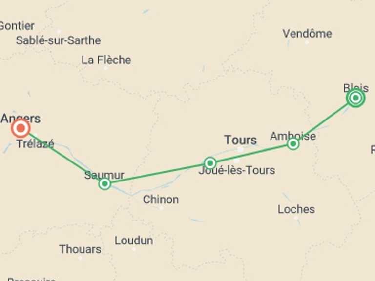 Map itinerary of France Tour in September 2027 with 6 destination visits for the trip: Cycle the Loire Valley