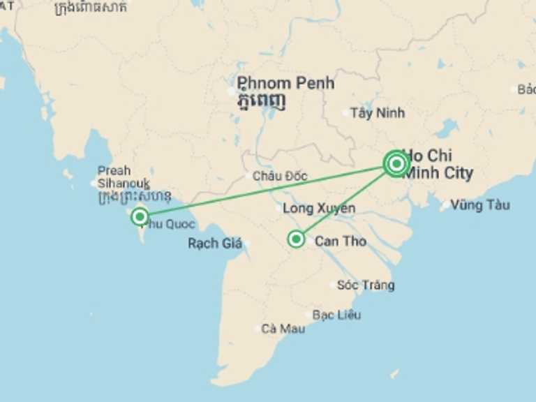 Map itinerary of Vietnam Tour in July 2026 with 2 destination visits for the trip: Saigon, Mekong & Phu Quoc Beach Break (Superior) - 9 days