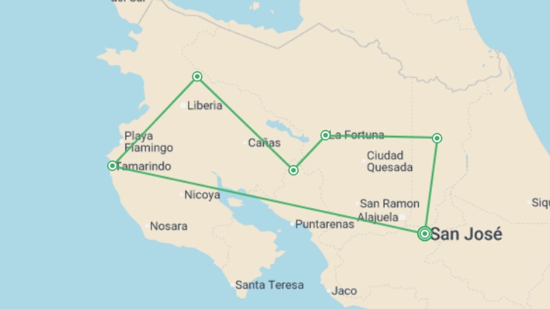 A map showing the tour itinerary for the trip: Self Drive Costa Rica - 14 days, starting in San Jose, Costa Rica and ending in San Jose, Costa Rica going through 5 other destinations.
