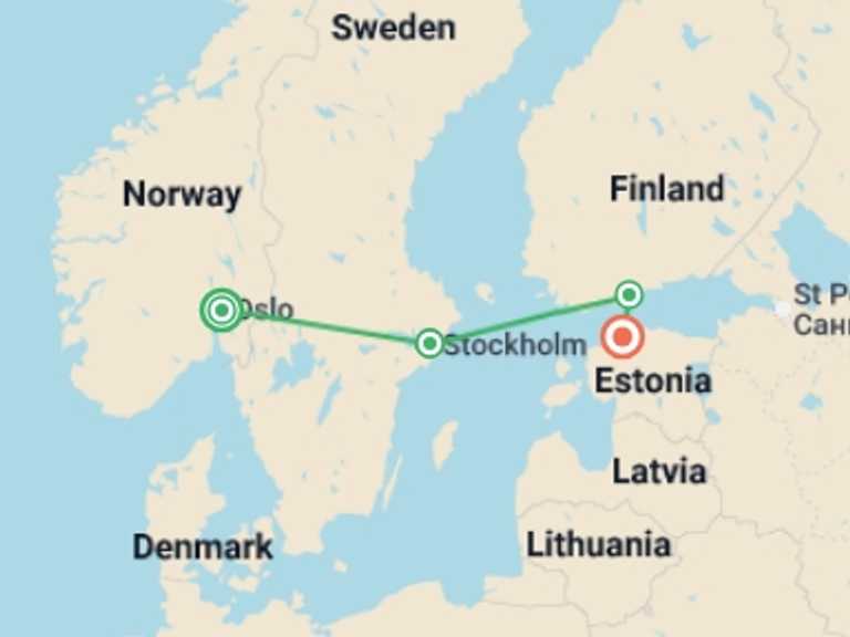 Map itinerary of Europe Tour in February 2027 with 4 destination visits for the trip: Scandinavian Secrets End Tallinn