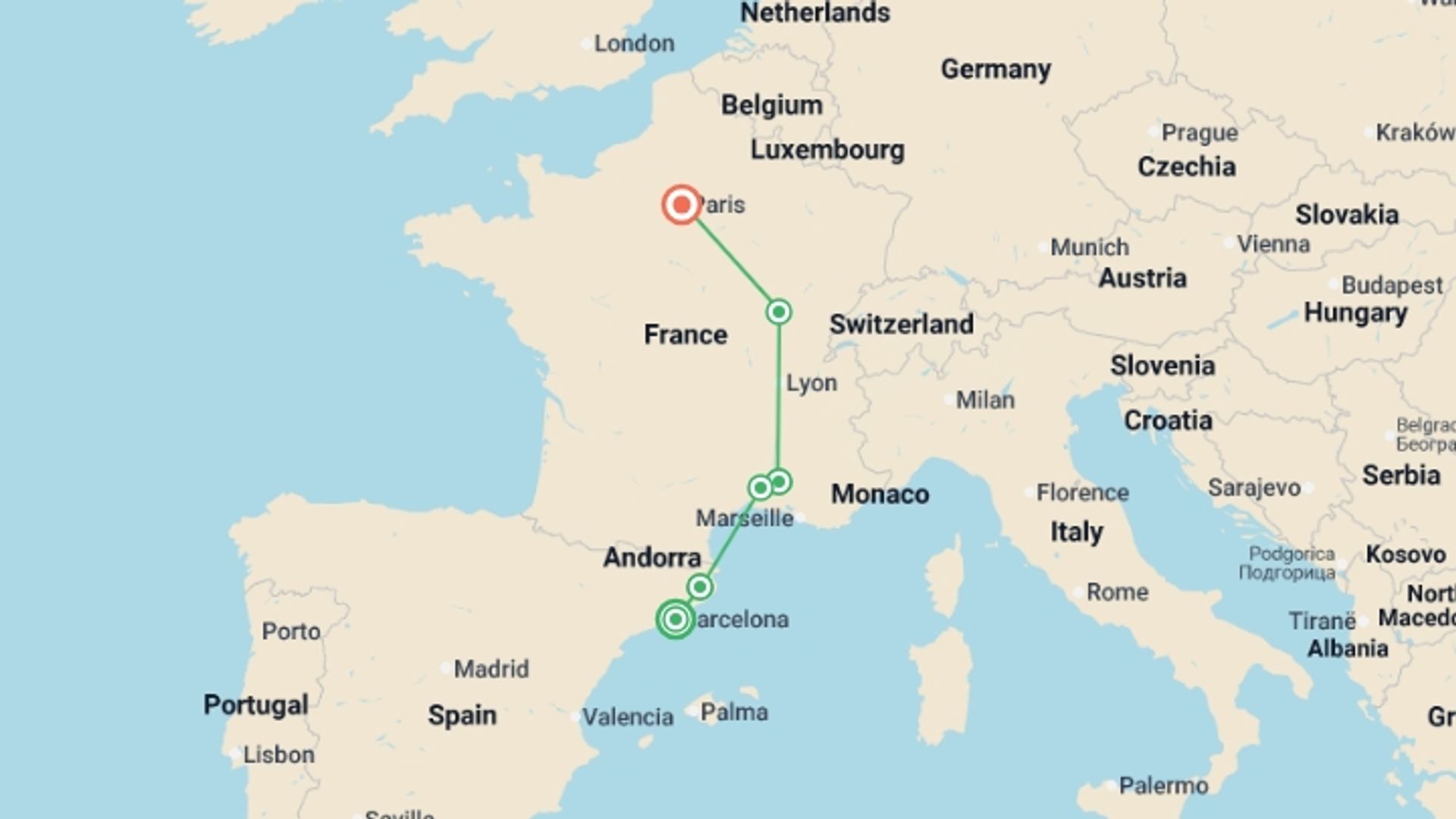 A map showing the tour itinerary for the trip: Barcelona to Paris, starting in Barcelona, Spain and ending in Paris, France going through 3 other destinations.