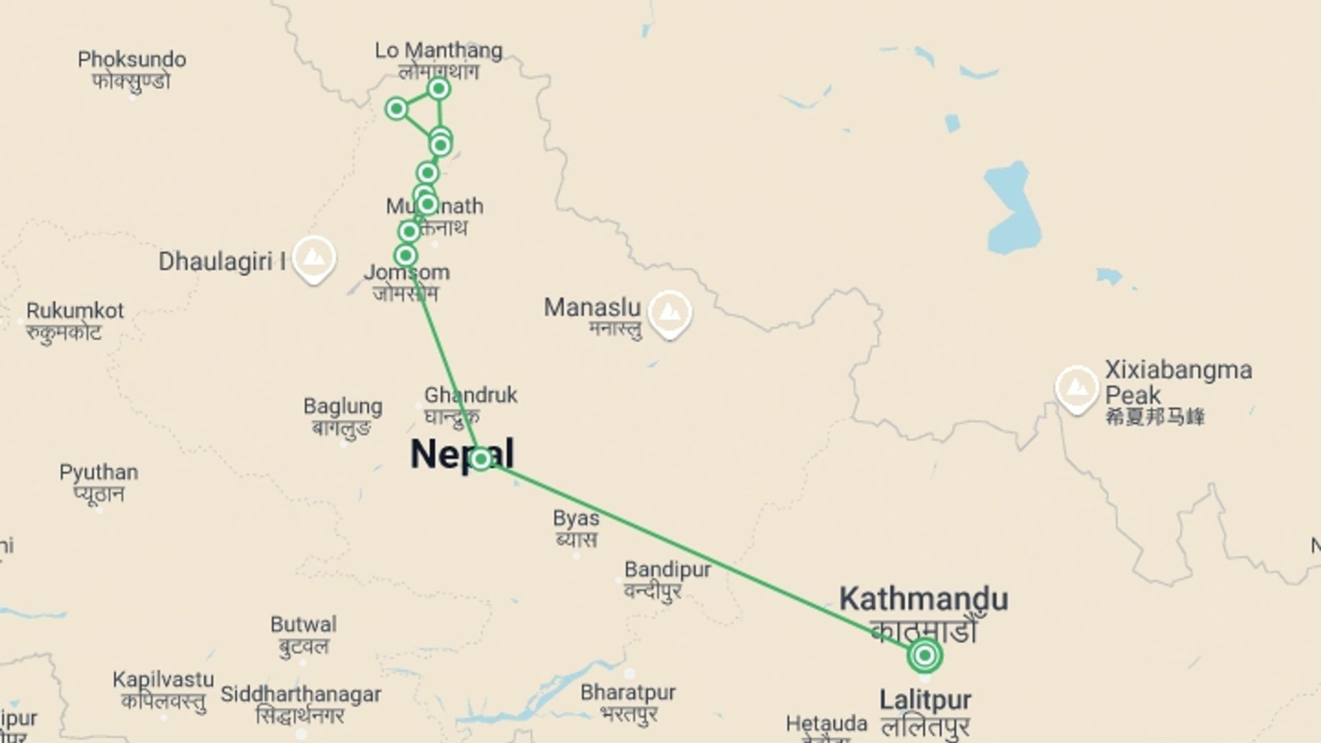 A map showing the tour itinerary for the trip: Upper Mustang Trek , starting in Kathmandu, Nepal and ending in Kathmandu, Nepal going through 12 other destinations.