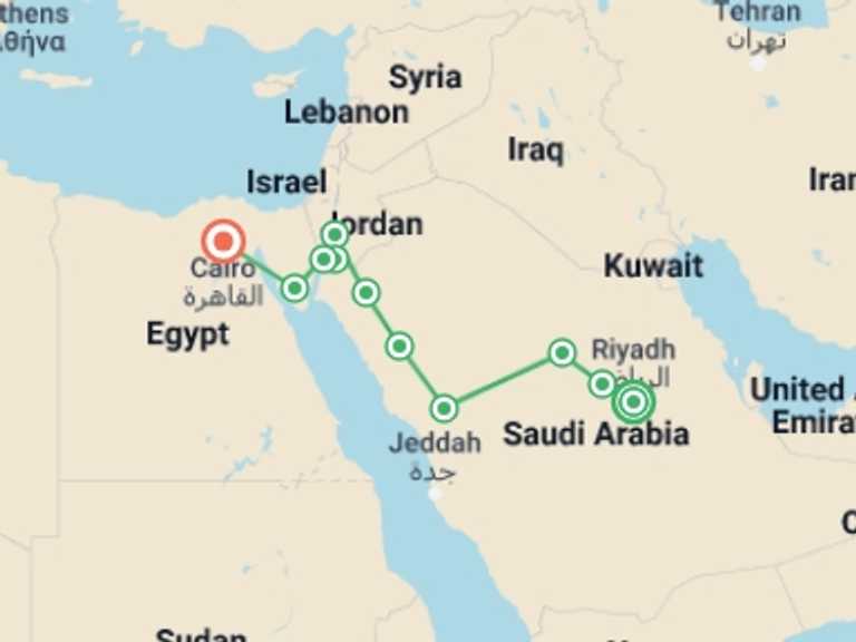 Map of Asia Tour with 5 destination visits for the trip: Highlights of Saudi Arabia Jordan and Egypt