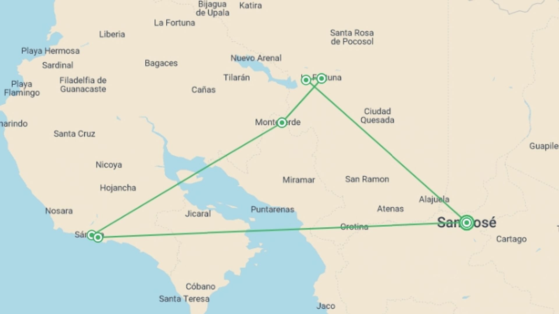 A map showing the tour itinerary for the trip: Costa Rica Family Escape, starting in San Jose, Costa Rica and ending in San Jose, Costa Rica going through 3 other destinations.