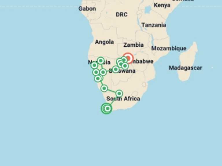 Map itinerary of Africa Tour in April 2027 with 16 destination visits for the trip: Amazing Southern Africa