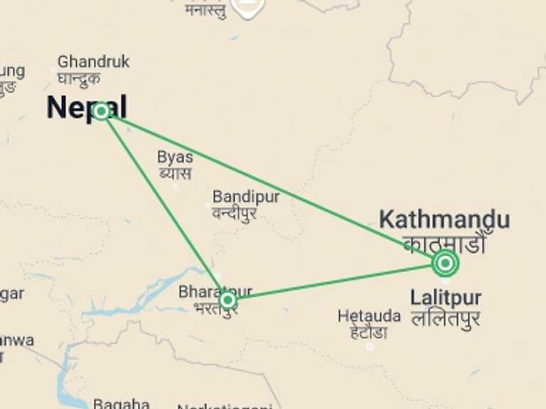 Map of Kathmandu Explorer Tour with 3 destination visits for the trip: Tour of Kathmandu, Pokhara & Chitwan