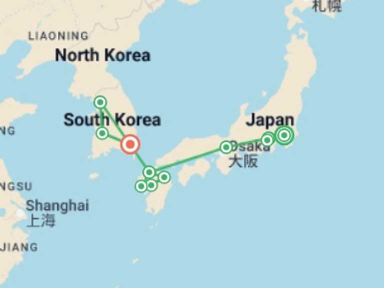 Map itinerary of Asia Tour in July 2026 with 10 destination visits for the trip: Japan’s Beauties with Nagasaki and South Korea