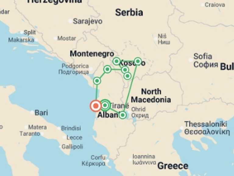 Map of a Bus Tour with 10 destination visits for the trip: Undiscovered Balkans