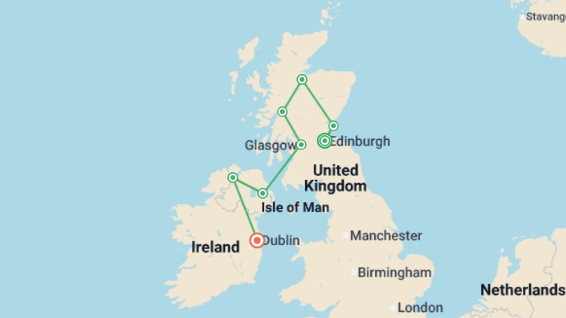 A map showing the tour itinerary for the trip: Exploring Scotland & Ireland , starting in Edinburgh, Scotland and ending in Dublin, Ireland going through 4 other destinations.