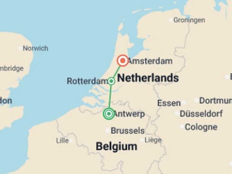 Map itinerary of Europe Tour in April 2027 with 3 destination visits for the trip: Springtime in Holland (port-to-port cruise)
