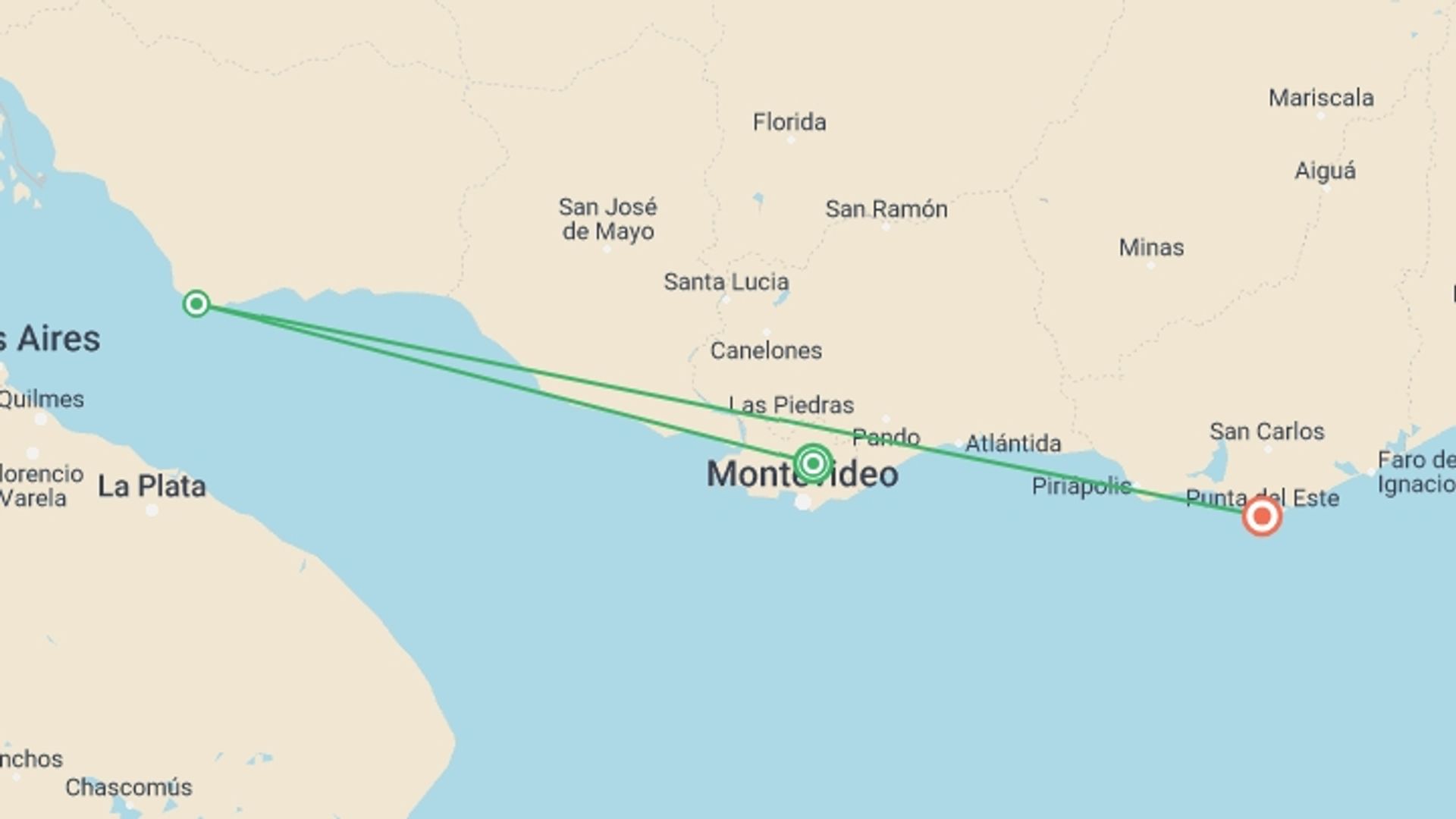 A map showing the tour itinerary for the trip: Wonders of Uruguay, starting in Montevideo, Uruguay and ending in Punta Del Este, Uruguay going through 1 other destinations.