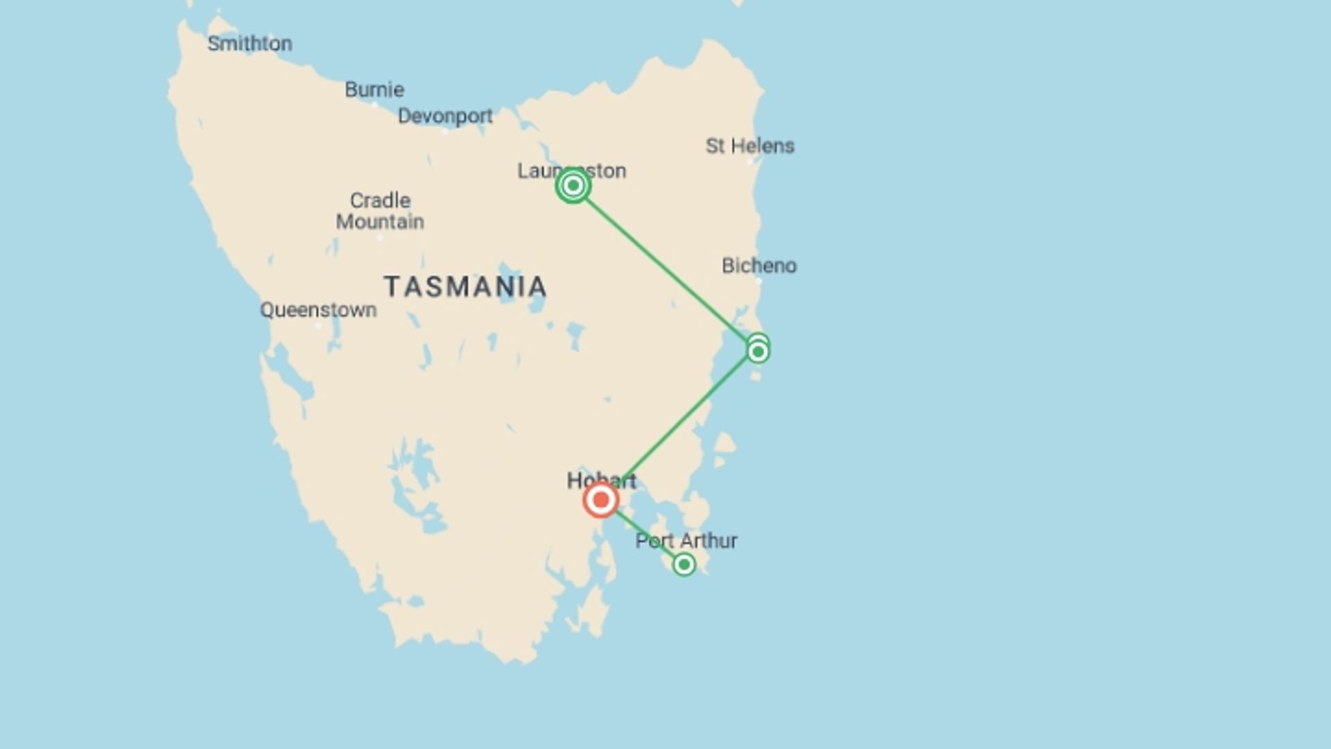 A map showing the tour itinerary for the trip: Tassie Getaway, starting in Launceston, Australia and ending in Hobart, Australia going through 3 other destinations.