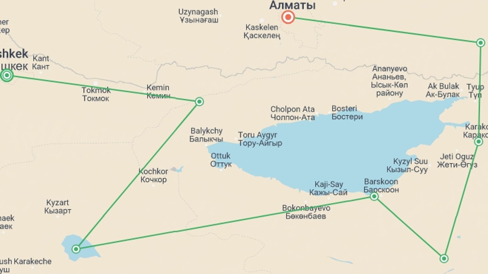 A map showing the tour itinerary for the trip: Highlights of Kyrgyzstan and Kazakhstan, starting in Bishkek, Kyrgyzstan and ending in Almaty, Kazakhstan going through 6 other destinations.