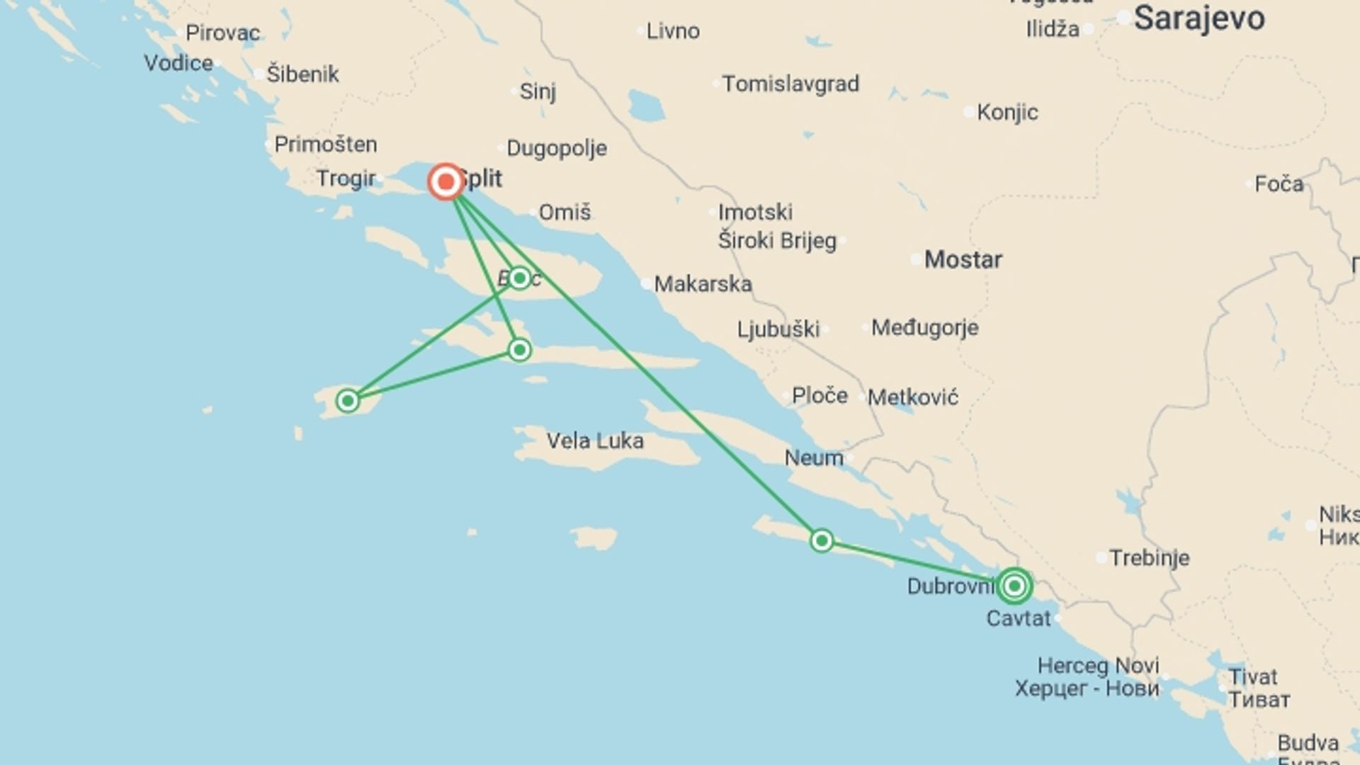 A map showing the tour itinerary for the trip: Croatia Sailing Adventure: Dubrovnik to Split, starting in Dubrovnik, Croatia and ending in Split, Croatia going through 4 other destinations.