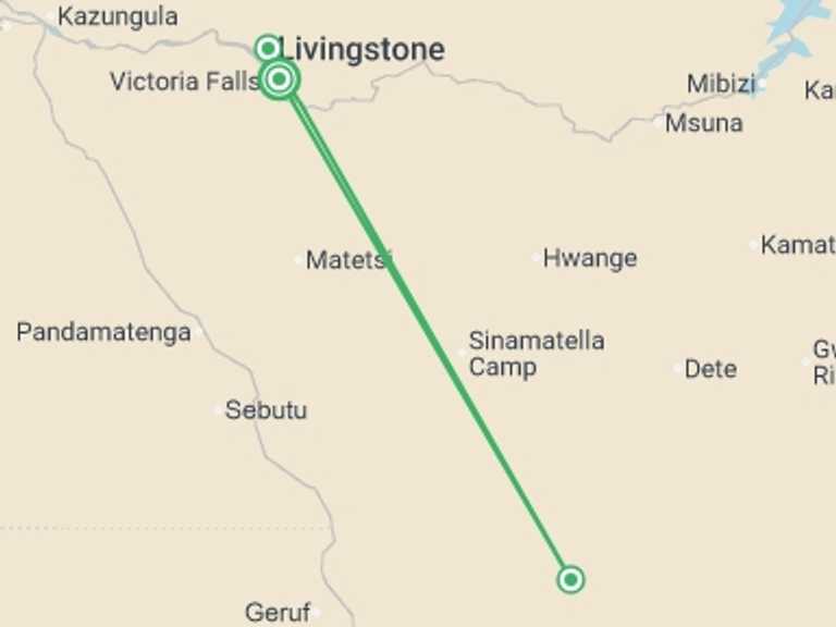 Map of Zimbabwe Explorer Tour with 3 destination visits for the trip: Hwange, Chobe & Falls - 10 days