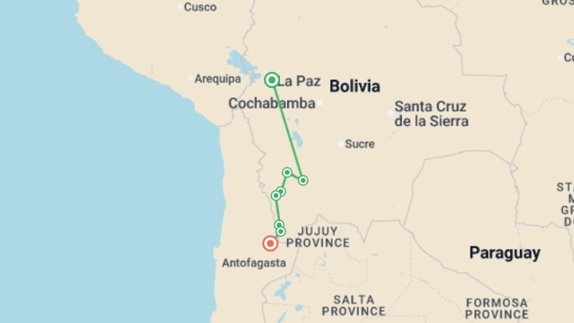 A map showing the tour itinerary for the trip: Uyuni Salt Flats & Desert Adventure 4D/3N (La Paz to Atacama), starting in La Paz, Bolivia and ending in San Pedro De Atacama, Chile going through 3 other destinations.