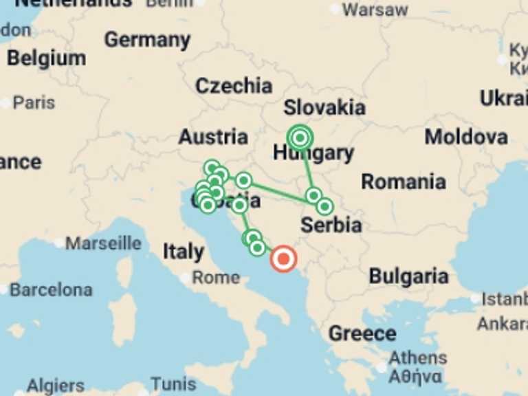 Map of Europe Tour with 8 destination visits for the trip: Budapest & Balkans - 15 days