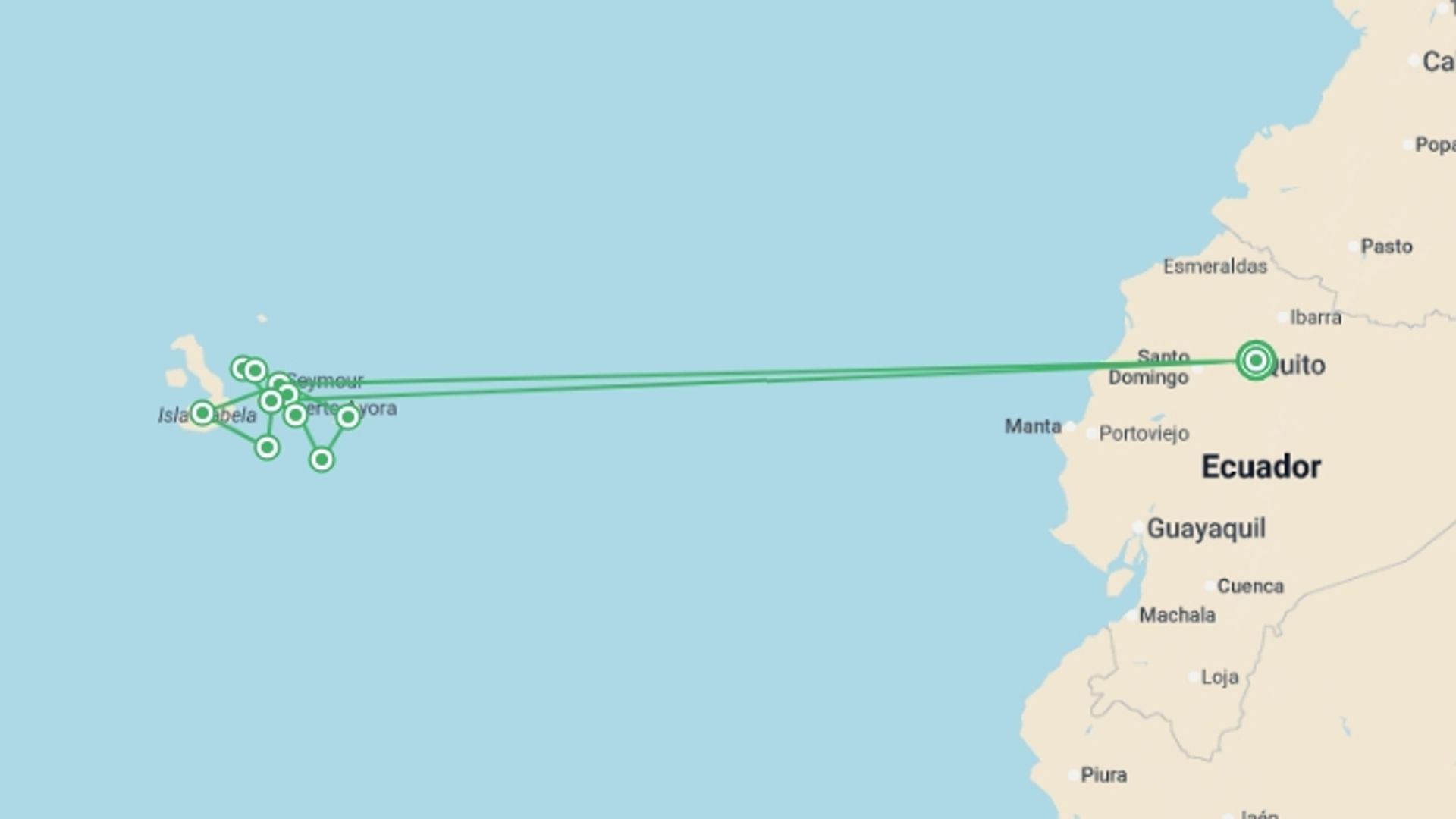 A map showing the tour itinerary for the trip: Treasures of Galapagos: Western & Central Islands (Grand Queen Beatriz), starting in Quito, Ecuador and ending in Quito, Ecuador going through 10 other destinations.